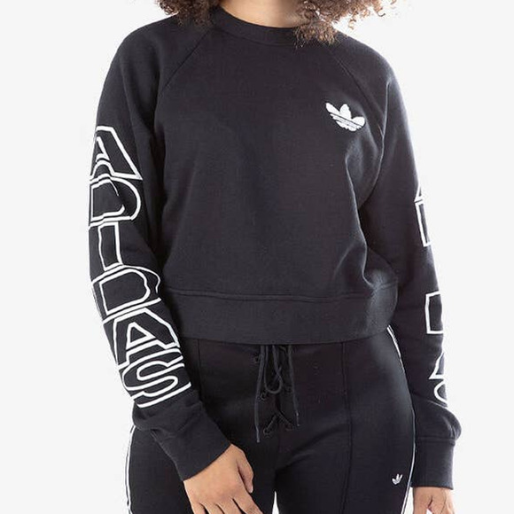 NEW Adidas Cropped Letter Logo Crewneck Sweatshirt Black White Size Medium M - Picture 1 of 8